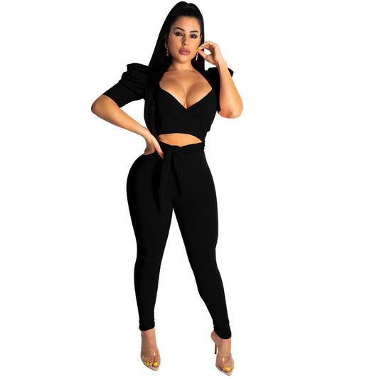 Ensemble de discothèque coupe slim avec bande en V profond et mode sexy