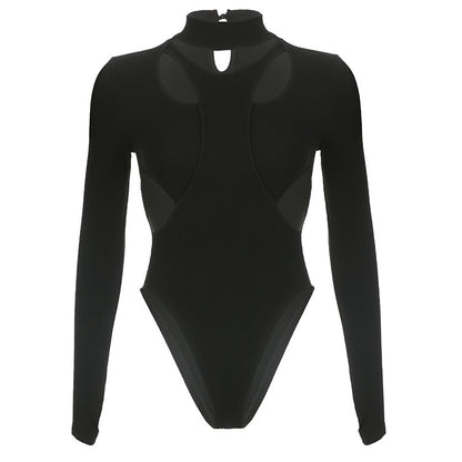 Body deux pièces à col montant, Sexy, Design découpé, couture, faux fil, Slim, couleur unie, manches longues, Base