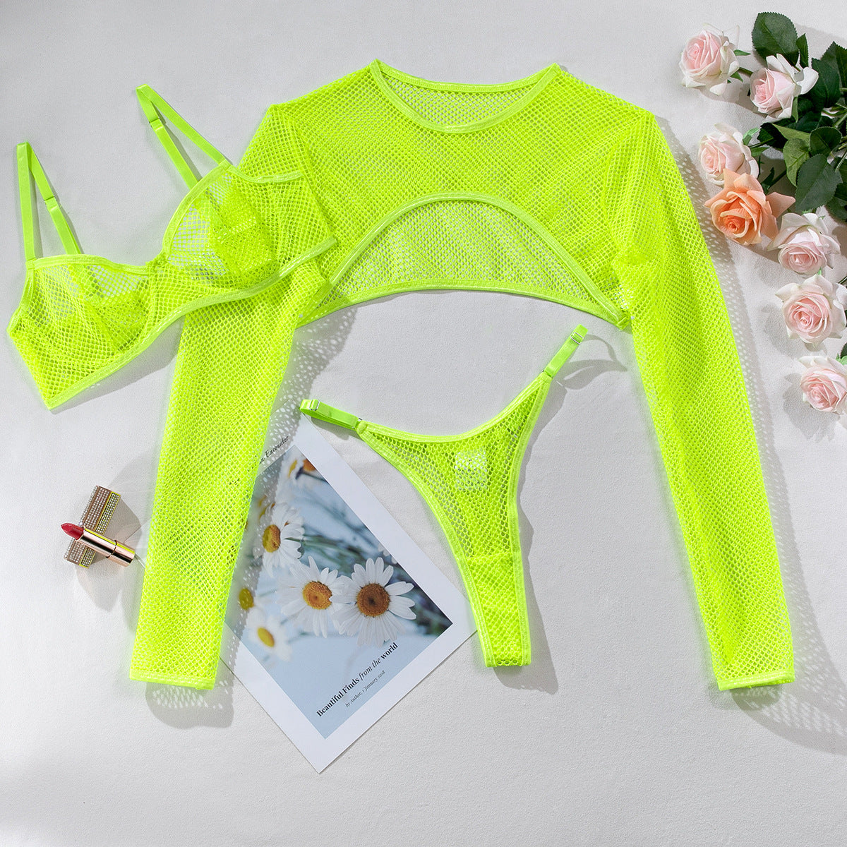 Blusa de manga larga Malla Hueca Lencería sexy Sujetador de tres piezas Chaleco corto Traje superior