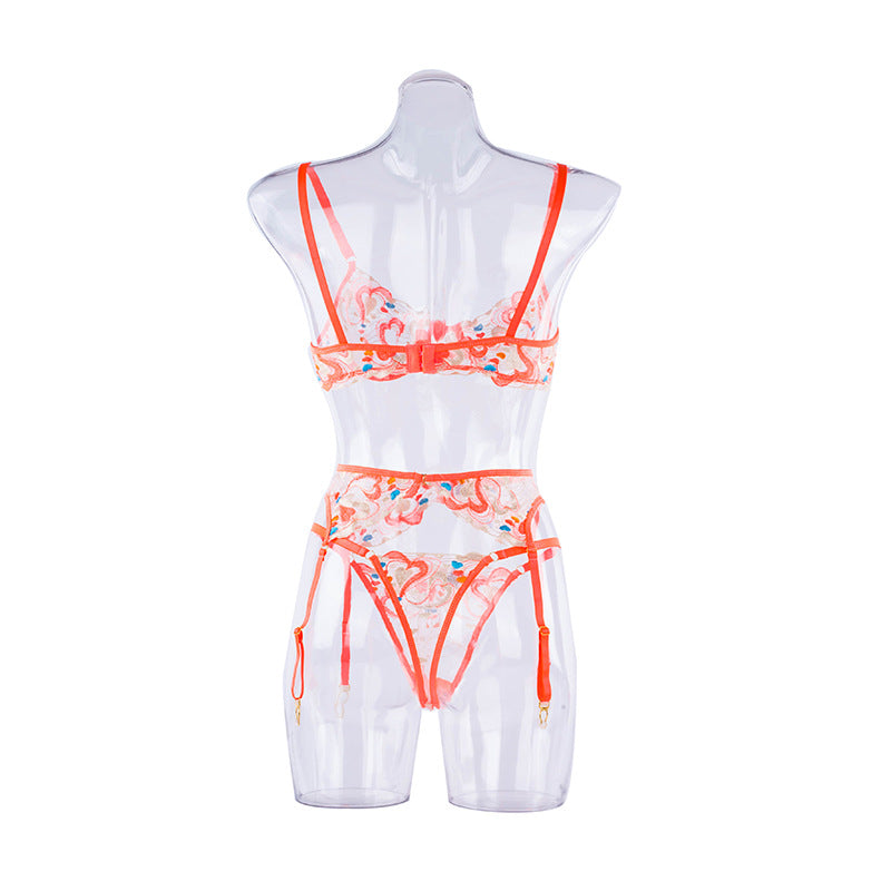 Traje dividido moldeador de cuerpo de malla bordada con tirantes de lencería