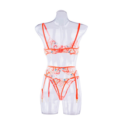 Traje dividido moldeador de cuerpo de malla bordada con tirantes de lencería