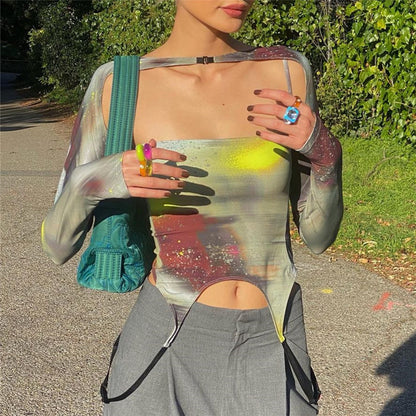 Printed Sexy Square Neck Slim Tank Long Sleeve Vest Set