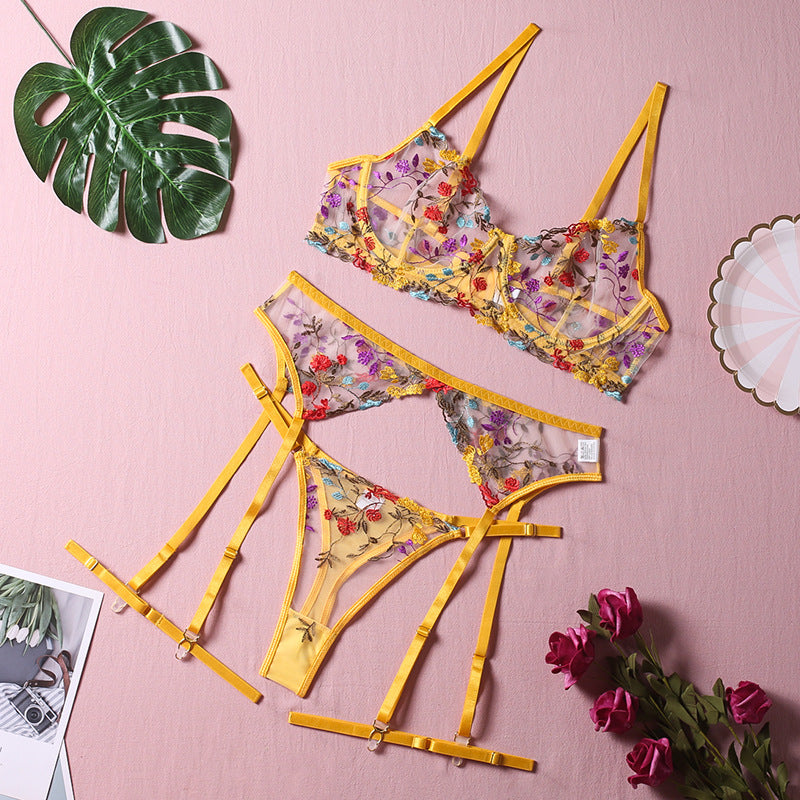 Ellolace Lingerie Sensuelle Sous-vêtements en dentelle Broderie transparente Jarretières 3 pièces