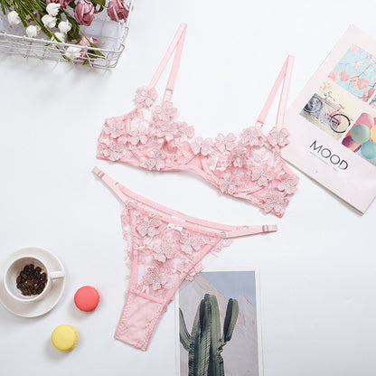 Embroidered Flower Mesh See-through Sexy Underwear Set