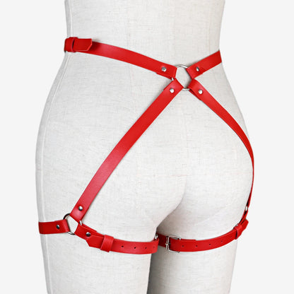 Lingerie Red PU Leather Women Harness Bra Set with handcuffs   Garters Sword Belt Gothic Suspenders