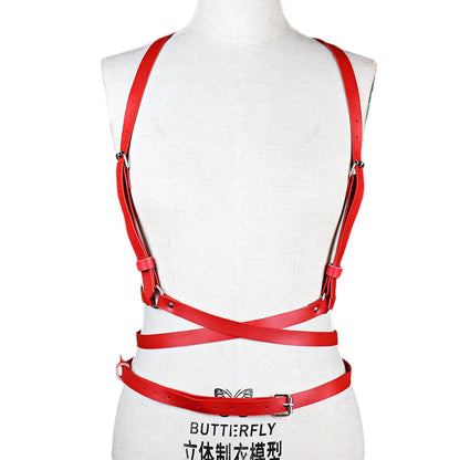 Lingerie Red PU Leather Women Harness Bra Set with handcuffs   Garters Sword Belt Gothic Suspenders