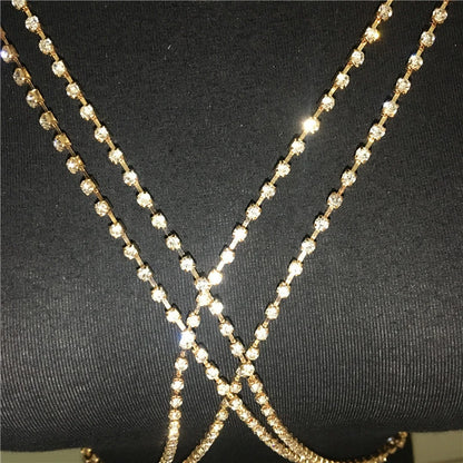 Shining Rhinestones Chest Cross Body Chain Boho Multi Layers Chest Chain Harness Body Jewellery Jewelry Crystal Chest