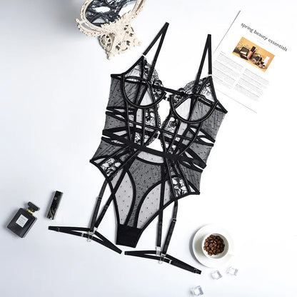 Ellolace Bodysuit Women Sexy Exotic Costumes Lace Transparent Hot Intimate Body See Through Porn Sissy High Cut Black Teddy