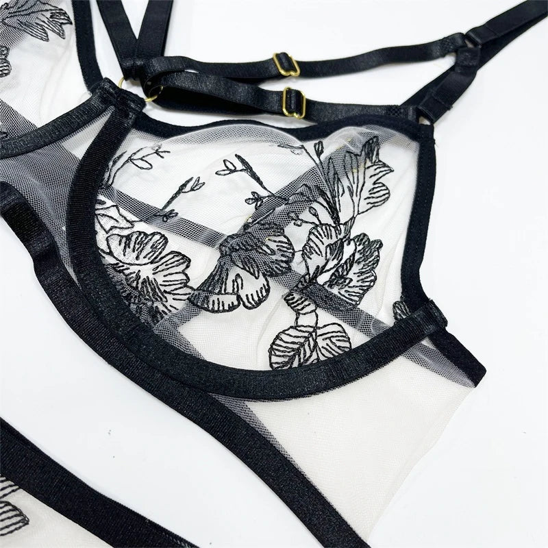 Lingerie Set Woman 3 Pieces Sensual Embroidery Transparent Brief Sets Fancy Garters Luxury Lace  Outfits