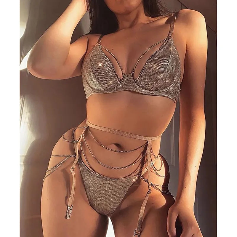 Sparkle Chain Push Up Bra And Panty Set Women Rhinestone Intimates Lingerie Set Underwear Bralette y Brief Set