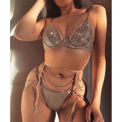 Sparkle Chain Push Up Bra And Panty Set Women Rhinestone Intimates Lingerie Set Underwear Bralette y Brief Set
