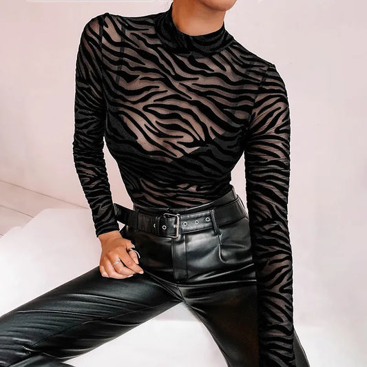 Maille noire Transparent Sexy Body à manches longues mince maigre rayure col montant barboteuses décontractées femmes dame fête Club corps 