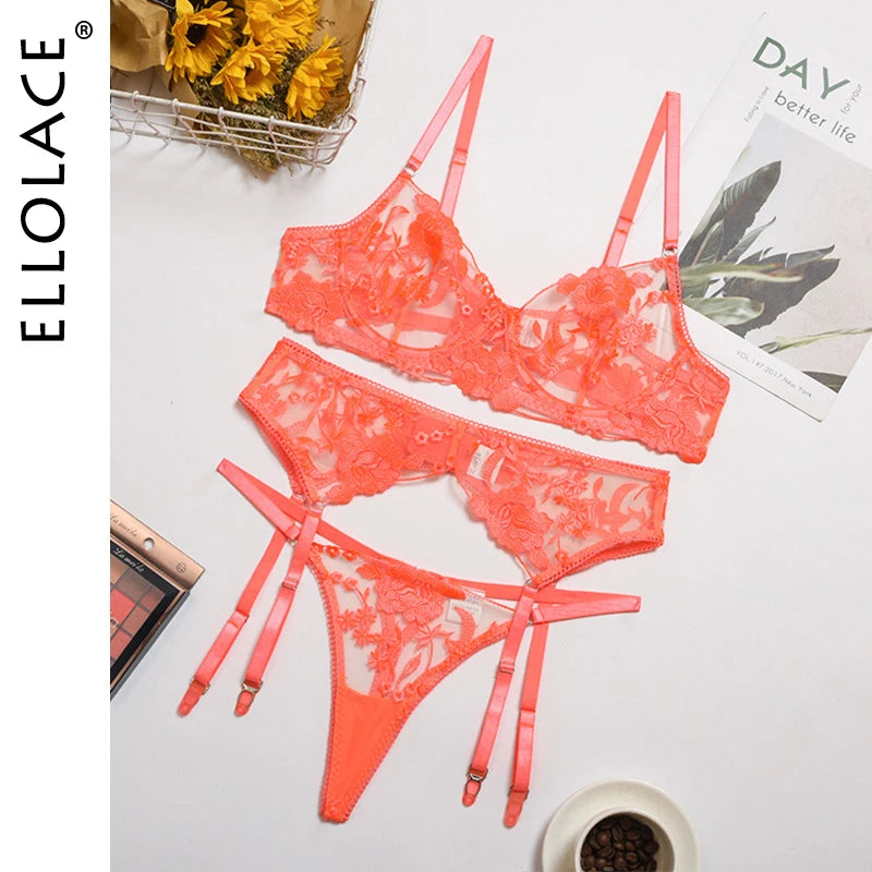 Neon Floral Lingerie 3 Piece Set Transparent Underwear Women Push Up Bra With Bone  Lingerie Sensual Lingerie Set