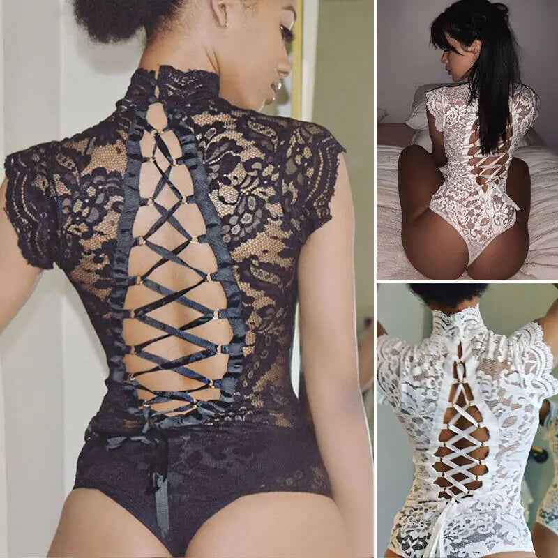 Sous-vêtements exotiques pour femmes, col roulé, body en dentelle transparente, nœud, sans manches, bandes croisées, robe de Lingerie élégante 