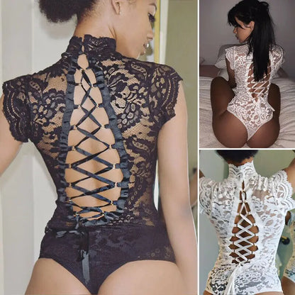 Sous-vêtements exotiques pour femmes, col roulé, body en dentelle transparente, nœud, sans manches, bandes croisées, robe de Lingerie élégante 