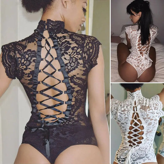 Sous-vêtements exotiques pour femmes, col roulé, body en dentelle transparente, nœud, sans manches, bandes croisées, robe de Lingerie élégante 
