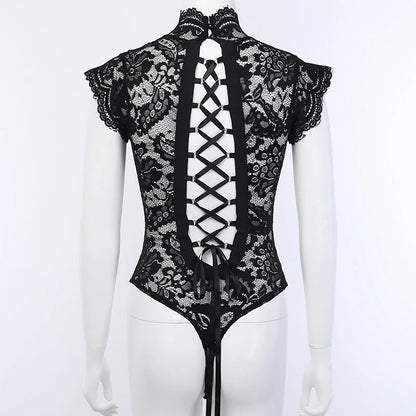 Sous-vêtements exotiques pour femmes, col roulé, body en dentelle transparente, nœud, sans manches, bandes croisées, robe de Lingerie élégante 
