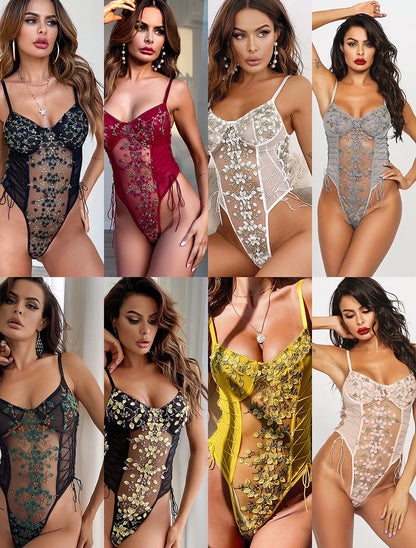 Floral Embroidery Bodysuit Women Lace Up  Bodies  Sleeveless Bodycon Transparent Lingerie Mesh Bodysuits Top