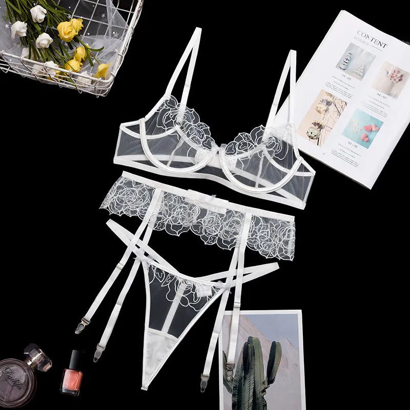 Lingerie Women's Underwear See Through Sensual Lingerie Woman Exotic Costumes Bra with Bones Lingerie 3 Pieces