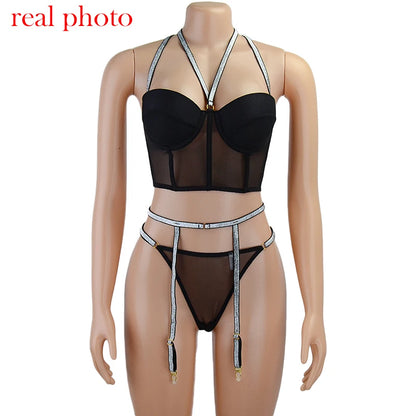 Lingerie Sequin Lingerie Set y Push up Bra 3 Piece Set Padded Women's Underwear Set Bra and Thong y Lingerie
