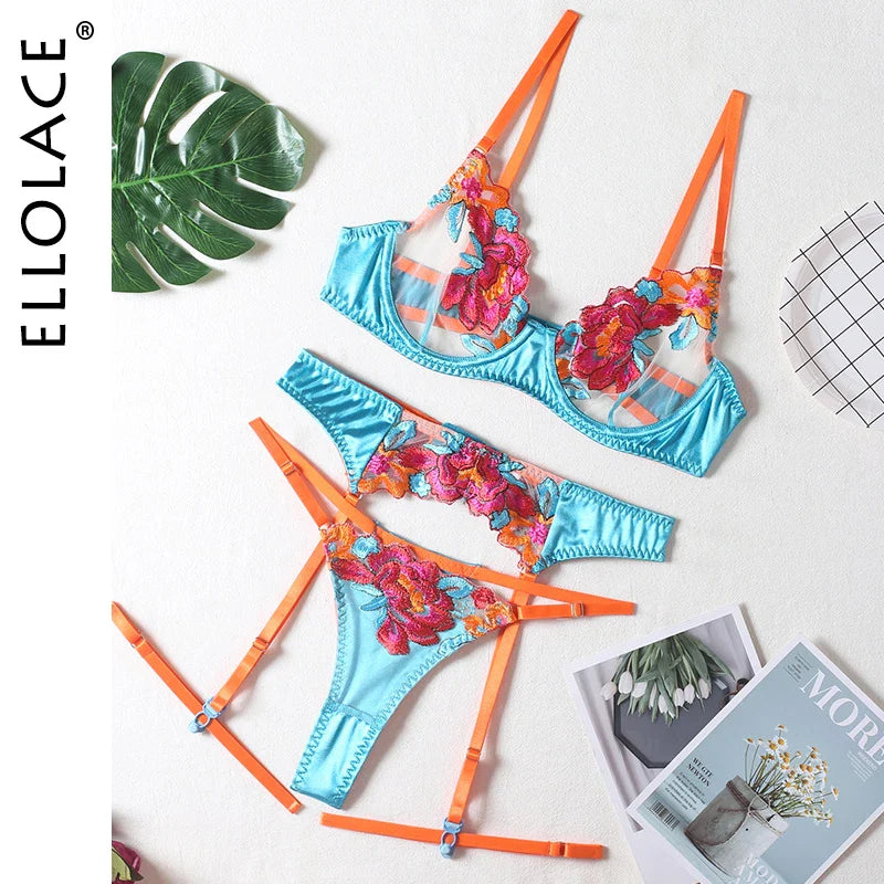Ellolace Floral Erotic Lingerie Set Woman 3 Pieces Transparent Lace Blue Sexy Underwear Fancy Beautiful Thongs Breves Sets