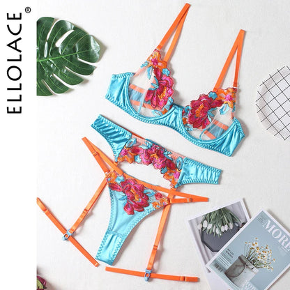 Ellolace Floral Erotic Lingerie Set Woman 3 Pieces Transparent Lace Blue Sexy Underwear Fancy Beautiful Thongs Breves Sets