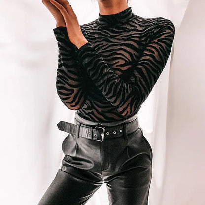 Maille noire Transparent Sexy Body à manches longues mince maigre rayure col montant barboteuses décontractées femmes dame fête Club corps 