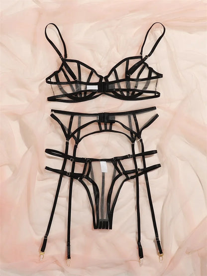 Lencería sexy, disfraces exóticos, conjunto de realce para mujer, 3 piezas, lencería con aros, conjunto de ropa interior transparente íntima 