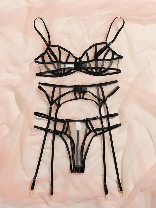 Lencería sexy, disfraces exóticos, conjunto de realce para mujer, 3 piezas, lencería con aros, conjunto de ropa interior transparente íntima 