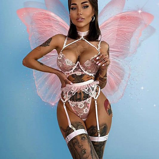 Lingerie y Lace Sensual Underwear Set Floral Transparent Brief Sets 3 Piece Push Up Underwire Bra and Panty