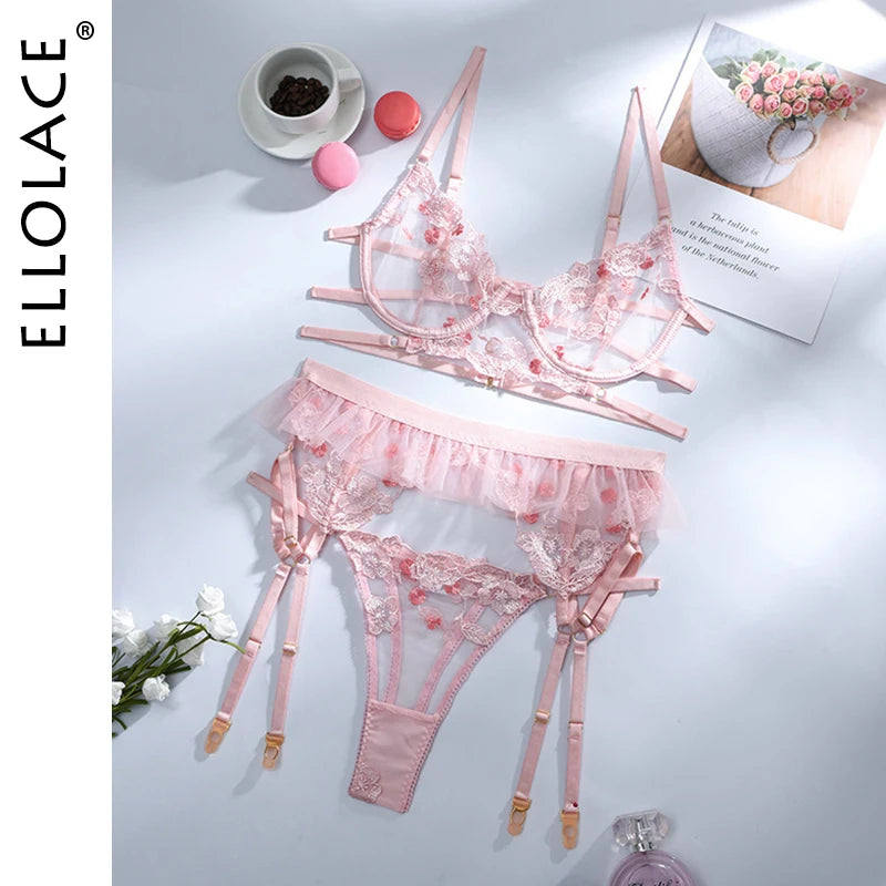 Lingerie y Lace Sensual Underwear Set Floral Transparent Brief Sets 3 Piece Push Up Underwire Bra and Panty
