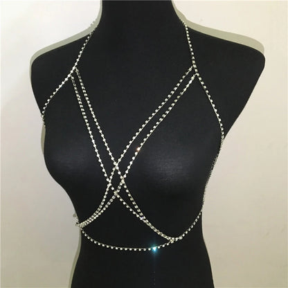 Shining Rhinestones Chest Cross Body Chain Boho Multi Layers Chest Chain Harness Body Jewellery Jewelry Crystal Chest