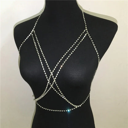 Ellolace Shining Rhinestones Chest Cross Body Chain Boho Multi Layers Chest Chain Harness Body Jewellery Jewelry Crystal Chest
