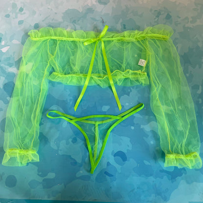 Lencería transparente con hombros descubiertos, disfraces exóticos con volantes sensuales, conjuntos de Tanga y Top sexys de encaje de manga larga 