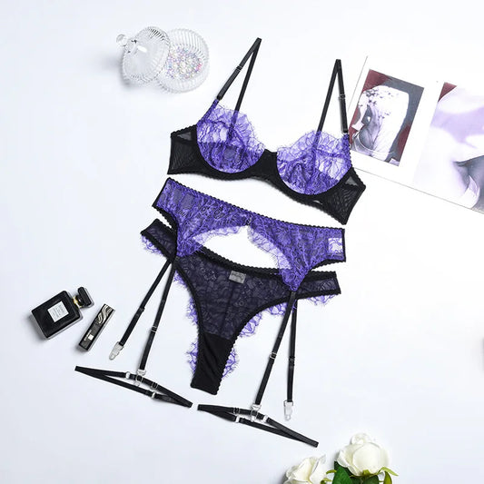 Ellolace Pornographic Lingerie Lace Patchwork Sensual Exotic Sets Transparent Bra Sexy Underwear 3-Piece Garters Hot Intimate