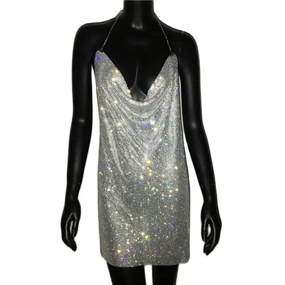 Sexy Crystal Mesh Sequins Nightclub Dress Women Backless Slit Metal Fabric Rhinestones Party Club Mini Dresses for Lady