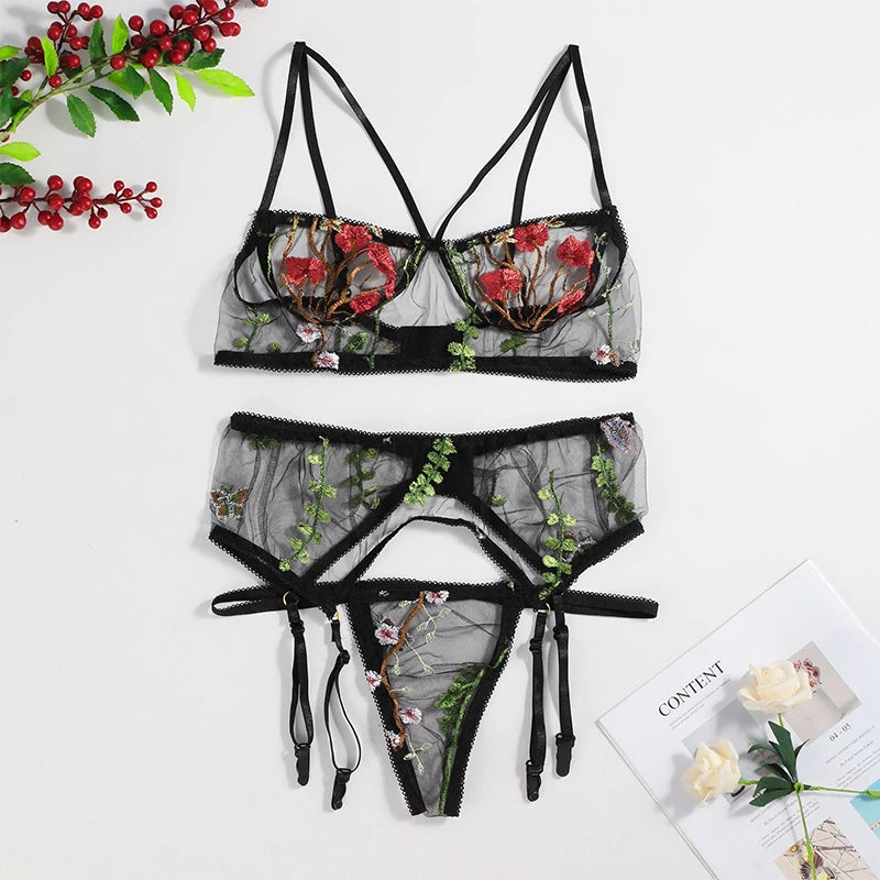 Sexy Women Hot Lingerie Lace Embroidery Floral Transparent Bra Panty Garter Belt Set Female Exotic Sexy Dress Night Sex Lenceria