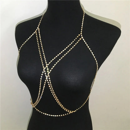 Shining Rhinestones Chest Cross Body Chain Boho Multi Layers Chest Chain Harness Body Jewellery Jewelry Crystal Chest