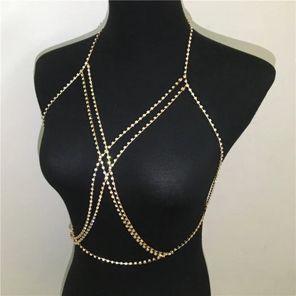 Ellolace Shining Rhinestones Chest Cross Body Chain Boho Multi Layers Chest Chain Harness Body Jewellery Jewelry Crystal Chest