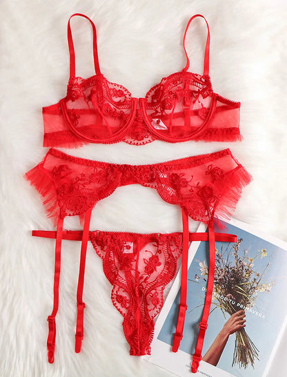 Sensual Lingerie Red Lace Transparent Bra Garters Thongs Embroidery Fancy Bilizna Set y Costume 3-Pieces Intimate
