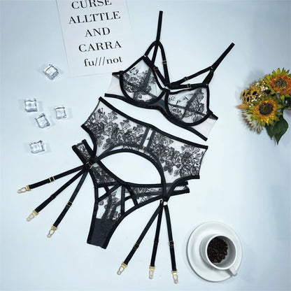 Lingerie Set Woman 3 Pieces Sensual Embroidery Transparent Brief Sets Fancy Garters Luxury Lace  Outfits
