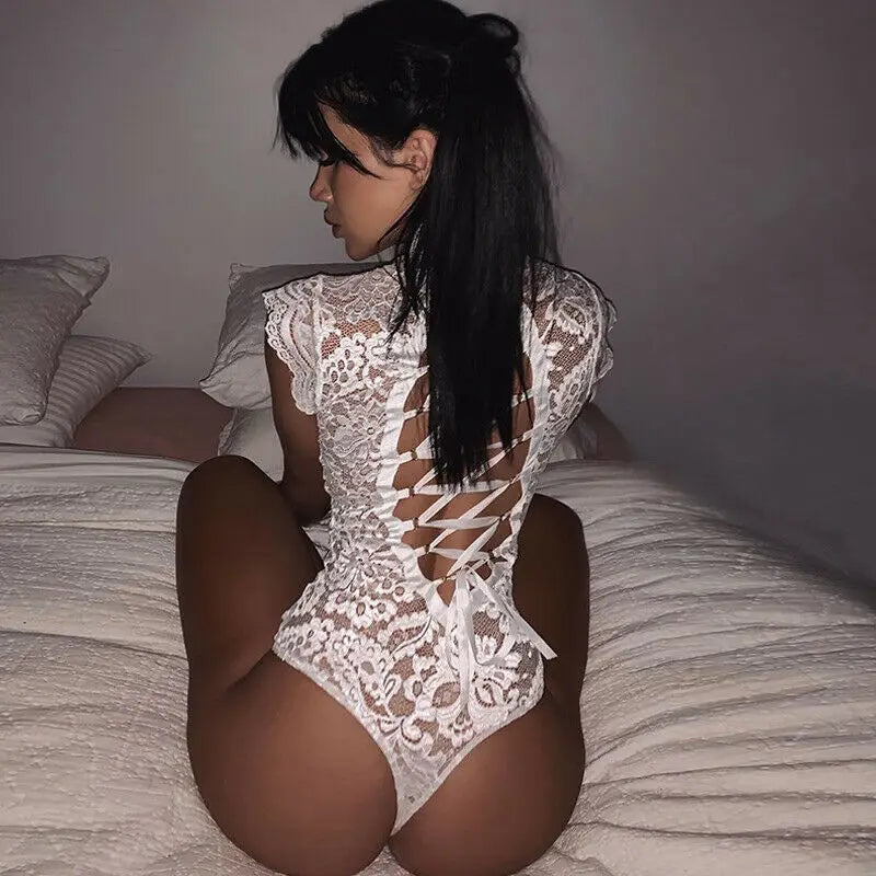 Sous-vêtements exotiques pour femmes, col roulé, body en dentelle transparente, nœud, sans manches, bandes croisées, robe de Lingerie élégante 