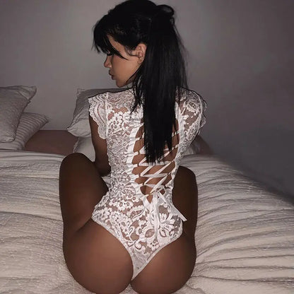 Sous-vêtements exotiques pour femmes, col roulé, body en dentelle transparente, nœud, sans manches, bandes croisées, robe de Lingerie élégante 