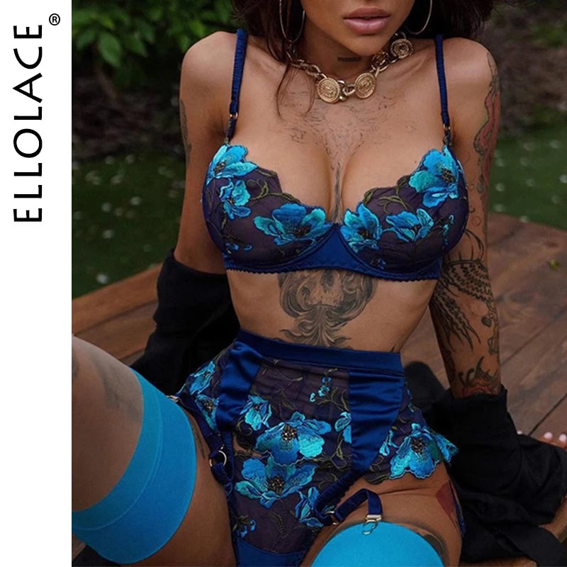 Floral Lingerie Women's Underwear Fancy Transparent Bra Brief Set with Garters Embroidery y Lace  Intimate