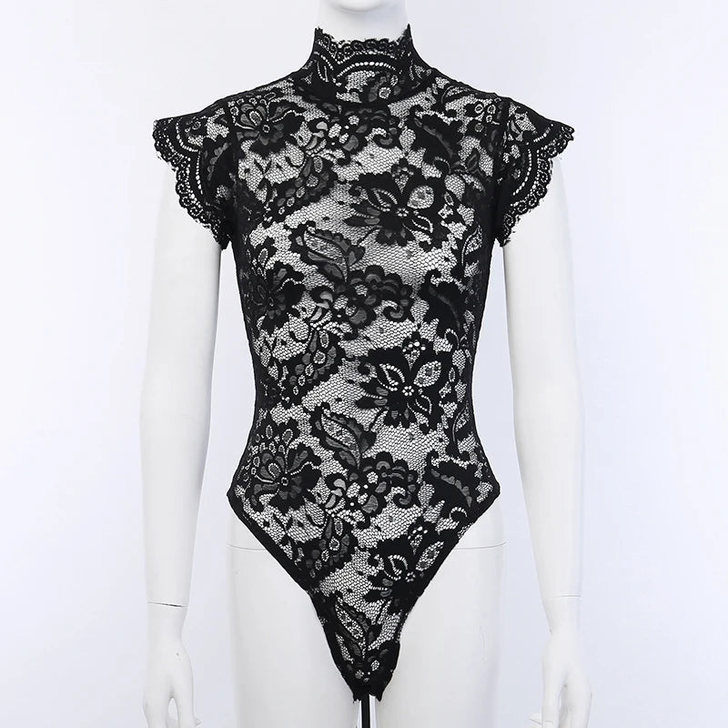 Sous-vêtements exotiques pour femmes, col roulé, body en dentelle transparente, nœud, sans manches, bandes croisées, robe de Lingerie élégante 
