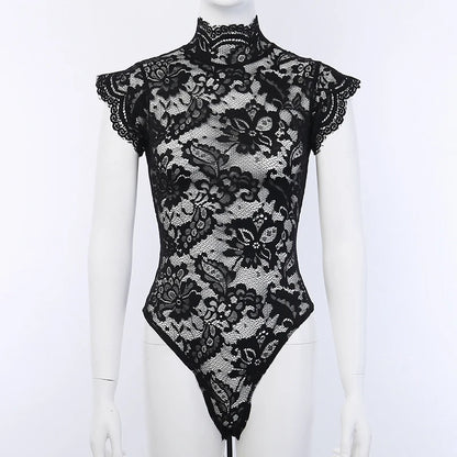 Sous-vêtements exotiques pour femmes, col roulé, body en dentelle transparente, nœud, sans manches, bandes croisées, robe de Lingerie élégante 