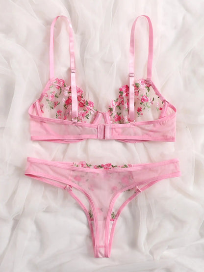 Lingerie y Floral Embroidery Underwear Transparent Lace Short Skin Care Kits Delicate Fairy Set Woman 2 Pieces