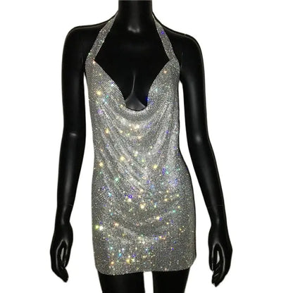 Luxury Crystal Rhinestone Sequins Mini Dress 2023 NEW Women Halter Backless Slit Metal Mesh Cocktail Evening Party Dresses