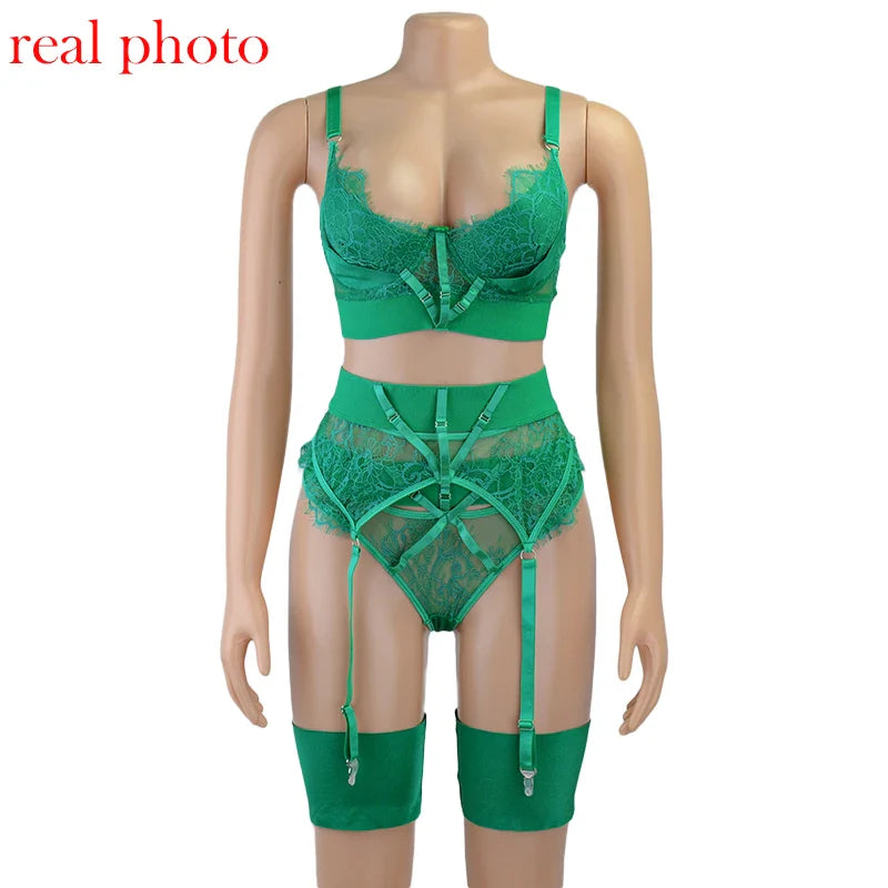 Ellolace Lingerie Sexy Bra Women's Underwear Set Lace Bandage Lingerie Set Sexy Push up Lenceria 3 Piece Set Erotic Lingerie
