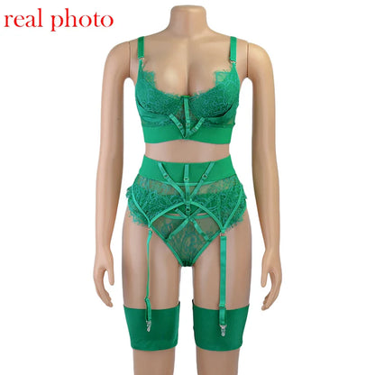Ellolace Lingerie Sexy Bra Women's Underwear Set Lace Bandage Lingerie Set Sexy Push up Lenceria 3 Piece Set Erotic Lingerie